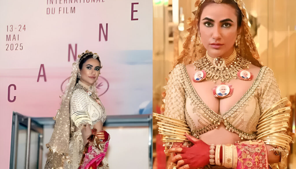 Ruchi Gujjar on Cannes red carpet wearing gold Rajasthani lehenga and PM Modi necklace