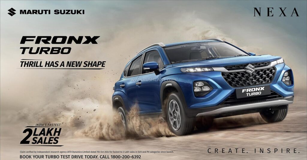 Maruti Fronx Turbo front and side profile in showroom